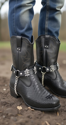 New Women Men Boot Chain Pair Black Faux Leather Fabric Shoe Straps Rose Flower
