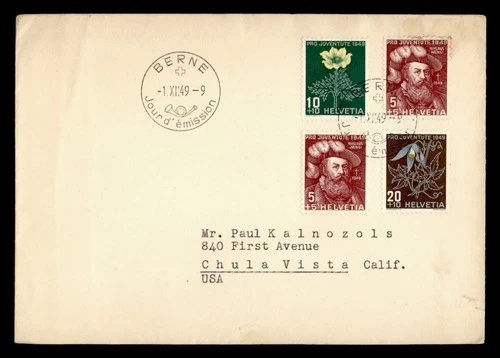 DR WHO 1949 SWITZERLAND FDC SEMI POST PRO JUVENTUTE COMBO R39046