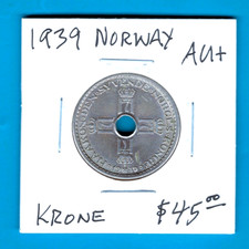 NORWAY- FANTASTIC HISTORICAL HAAKON VII KRONE, 1939, KM# 385