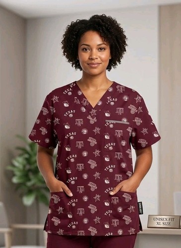 Scrub Dudz Texas A&M Aggies Scrub Top XL Unisex Maroon Medical Nurse NCAA