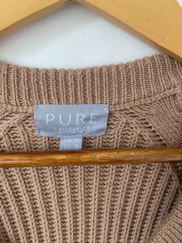 Pure Collection Cardigan 8 Tan Chunky Brown Knit Long Line Pockets Wool Cotton - Picture 5 of 9