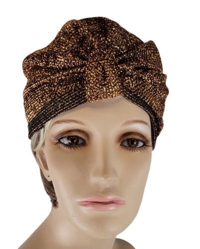 Vtg 60s Copper Gold Black Metallic Lame Ladies Cloche Gathered Fabric Turban Hat - Picture 10 of 19