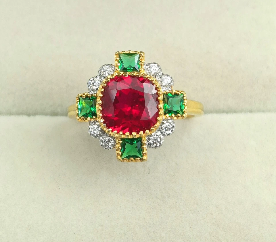 925 Sterling Silver Red Ruby Lab-Created Gold Plated Handmade Ring - Image 2 of 4