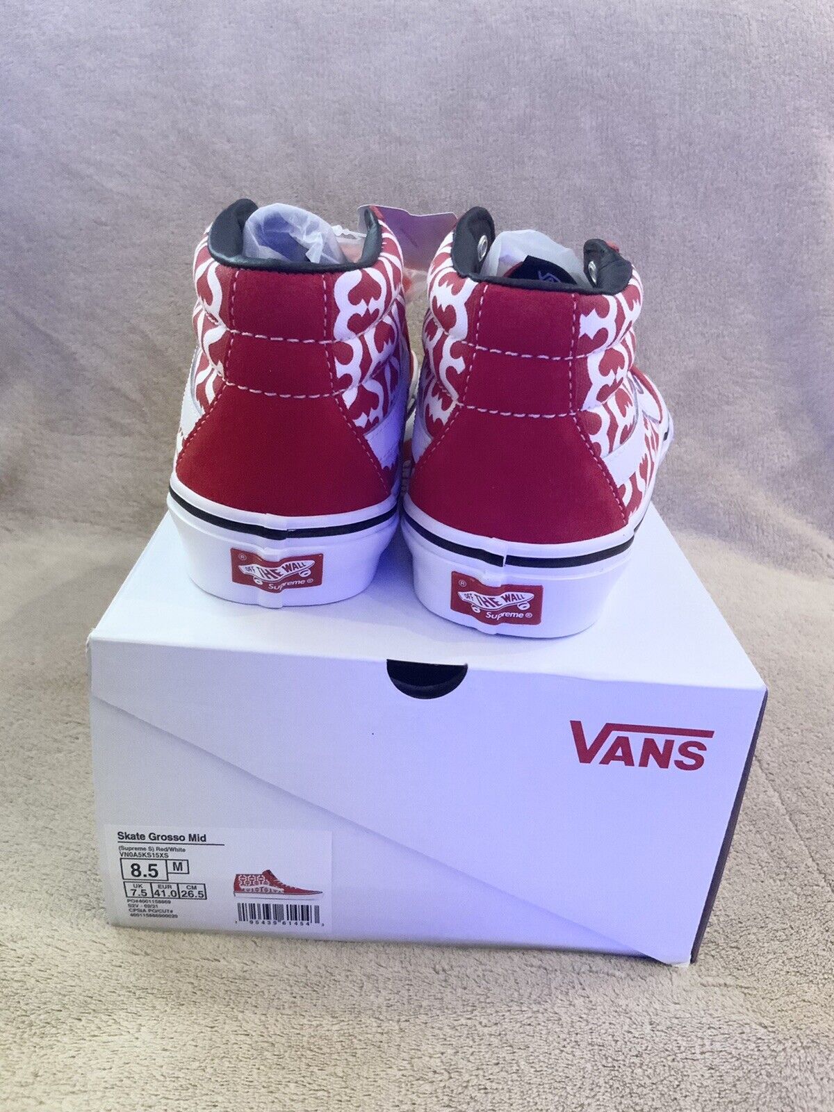 SUPREME X VANS MONOGRAM S LOGO SKATE GROSSO MID Size 8.5 Men RED/WHITE SS21