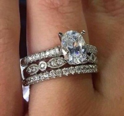 Lab-Created 3CT Oval Cut VVS1 Diamond Women's Trio Ring Set 14K White Gold Over