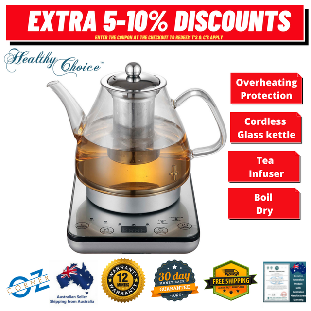 Healthy Choice Electric 800w 1.2l Digital Glass Kettle With Tea Infuser
