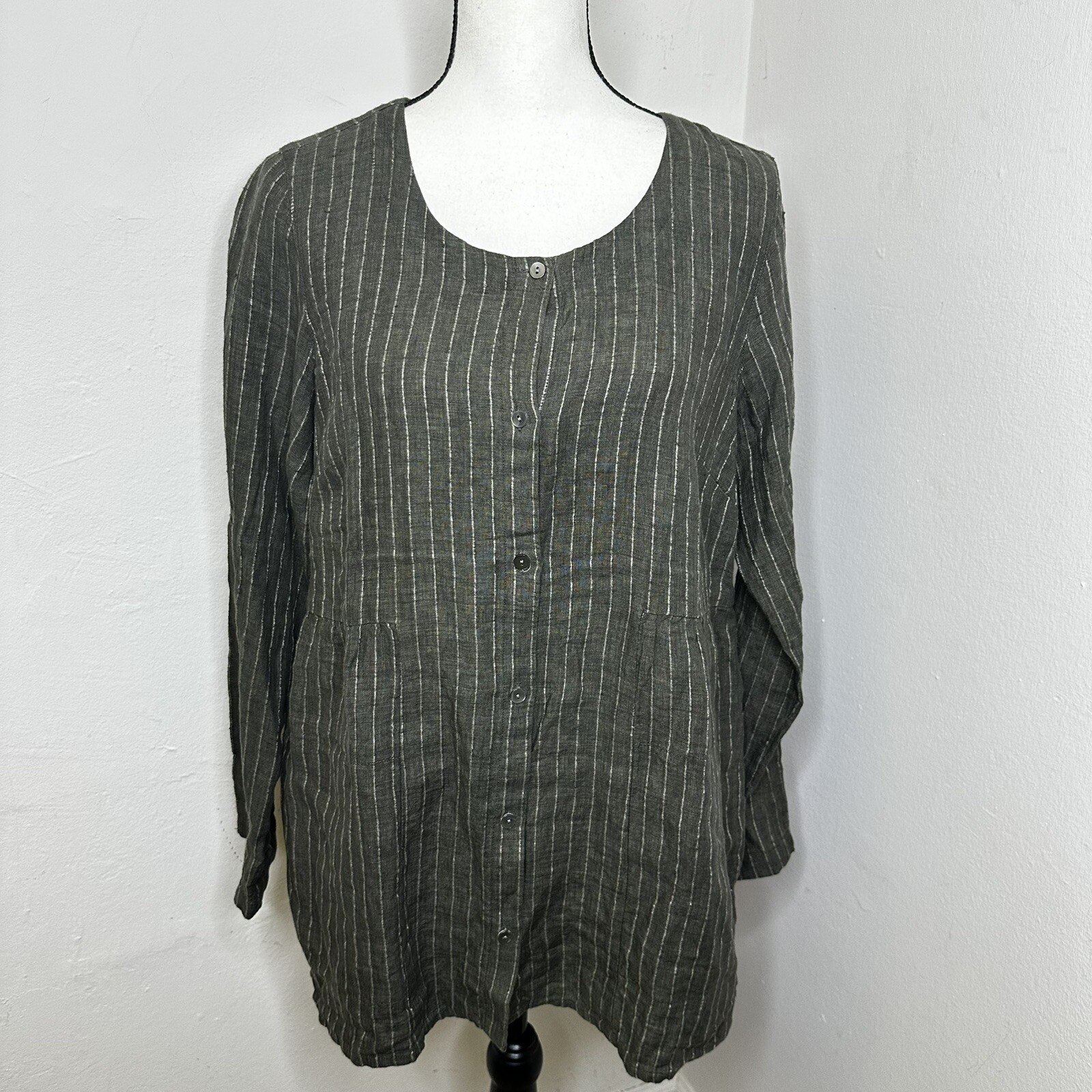 Pure Jill Linen Button Front Tunic Green with Pockets Relaxed Fit Size S