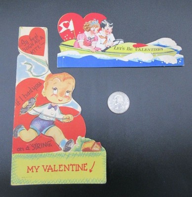 2 Valentine's Day Vintage Cards - Couple in a Speedboat & Boy with Kite -Used