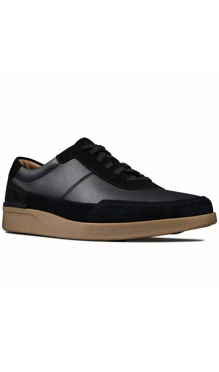 Men s Clarks OAKLAND RUN Black Leather Lace Up Casual Trainers