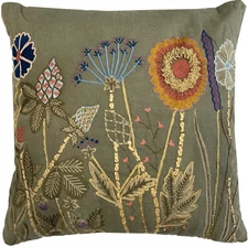 Wild Flowers Decorative Cushion Embroidered Square Couch Throw Pillow 18" Green
