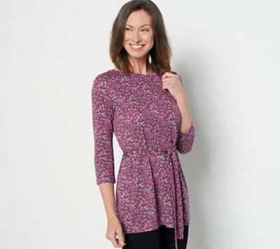 Isaac Mizrahi Live! Printed Top Shirt with Dolman Sleeves Women's XS Plum