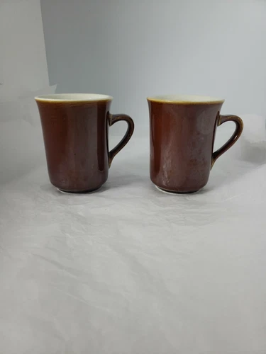 2 Vintage HALL 1316 Restaurant D Handle Brown Coffee Mug Tea Cup Made in USA