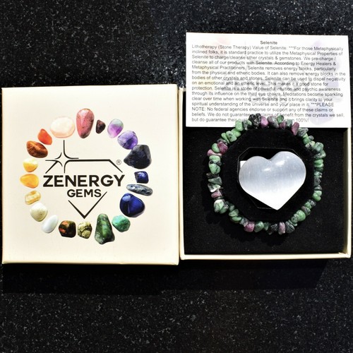 Premium Natural Ruby Zoisite Crystal Chip Stretchy Bracelet + Selenite Heart - Picture 4 of 12