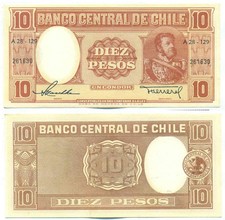 CHILE NOTE 10 PESOS (1958-59) MASCHKE.HERRERA P 120 UNC
