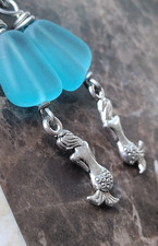 Artisan Earrings Bright Sea Glass Ocean Beach Blue Dangle with Mermaid Charms