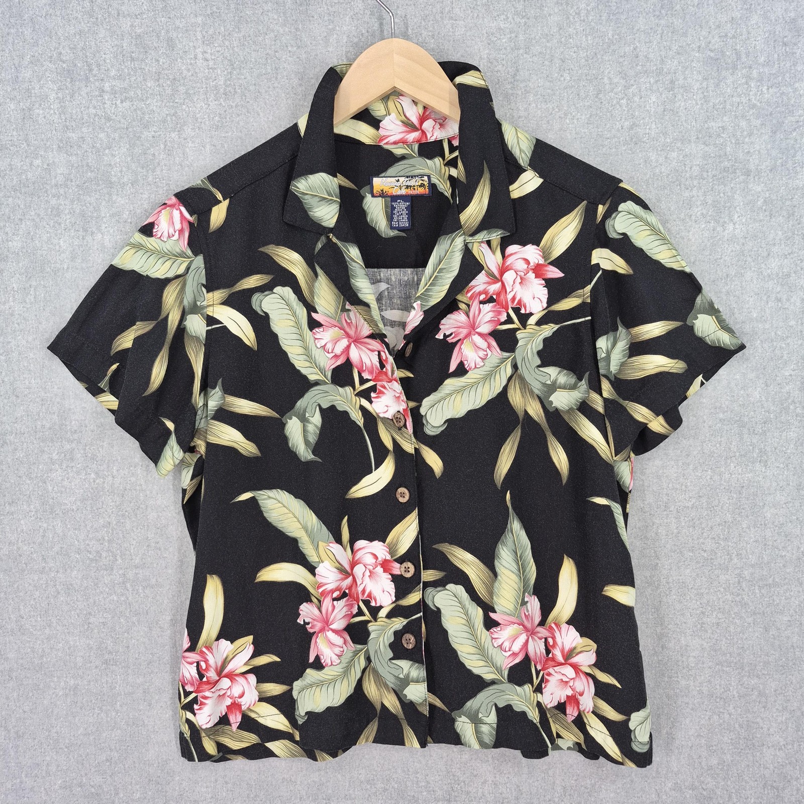Havana Jacks Cafe Shirt Womens Petite Large Black Floral Hawaiian Rayon