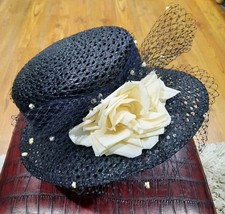 Eric Javitz Black Formal Wide-brim Straw Hat Ivory Fabric Flower Black Tulle