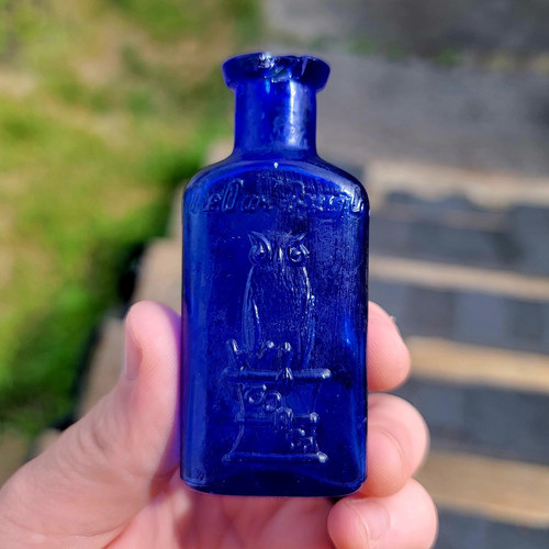 Cobalt Blue Glass Poison Bottle Owl Drug Co RARE