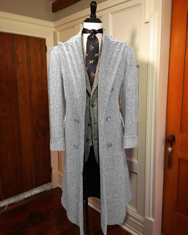 Abrigo largo vintage para hombre formal negocios pico ancho solapa tweed espiga abrigo Foto 4 de 4