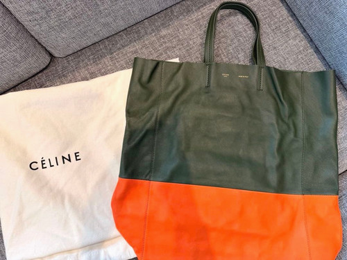 CELINE Horizontal Cabas Tote Bag Orange Green Bicolor Leather A4 W/ Dust Bag