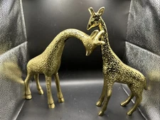 Vintage Solid BRASS Giraffe Sculptures Safari Decor Embossed 12" & 10-1/2"