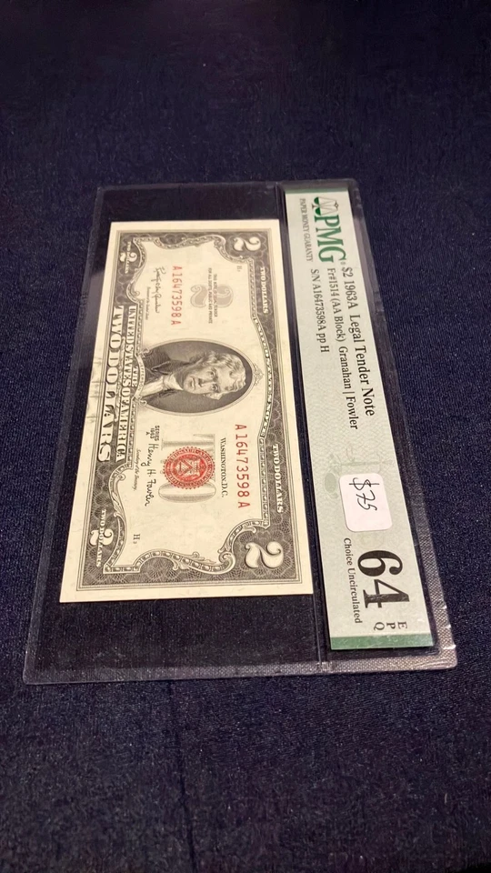 1963 A $2 Two Dollar Red Seal USN Note Choice Uncirculated PMG 64 AA Block EPQ - Image 4 of 4