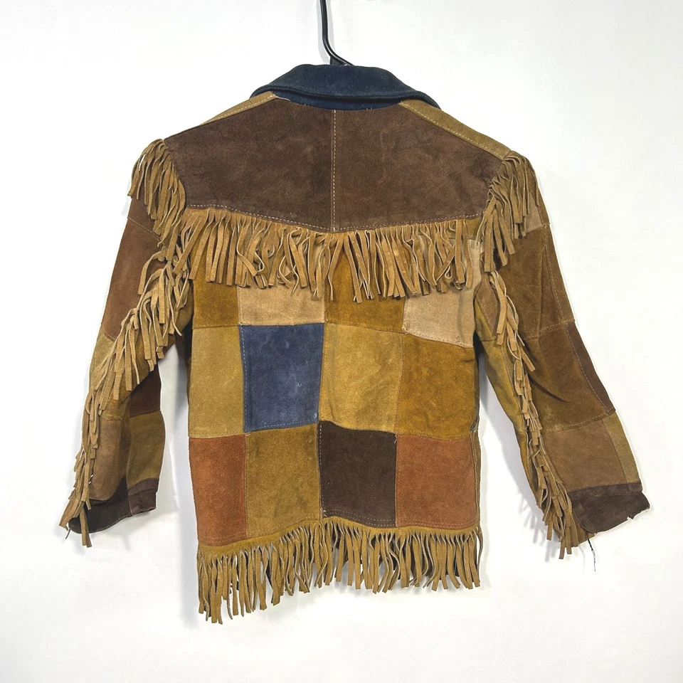 Suede Fringe Patchwork Jacket Youth 10 Brown Western Boho Folkcore 70s Leather - Image 4 of 4
