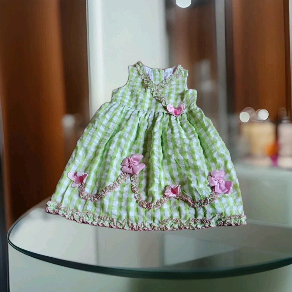 Vestido Bonnie Bebé Niñas Talla 5 Verde Blanco Cuadros Guinga Algodón Lazos Mariposa  Foto 2 de 4