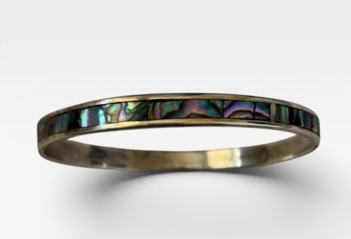 Vintage Taxco 925 Sterling Silver Mexico Abalone Shell Inlay Bangle Bracelet 12g