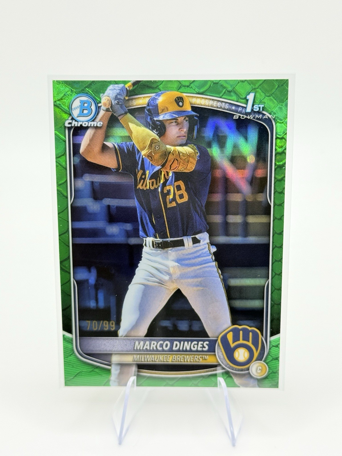 Marco Dinges 2025 Bowman Chrome Green Reptilian Refractor /99 1st Bowman Brewers