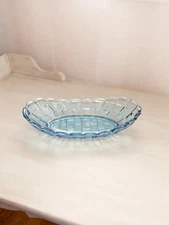 Vintage Medium Oval Blue Dalzell-Viking Glass Shallow Bowl with Block Design