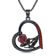 Black Skeleton Hand Red Rose Necklace 925 Sterling Silver Heart Halloween Pen...