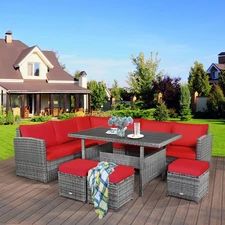Patiojoy 7 PCS Patio Rattan Dining Set Sectional Sofa Couch Ottoman Outdoor Red