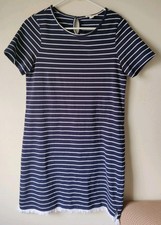 Beachlunchlounge Short Sleeve Navy/White Stripe Dress Fringe Trim Size Medium