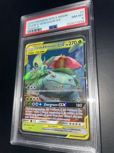 2019 POKEMON SUN & MOON TEAM UP #1 CELEBI & VENUSAUR GX PSA 8