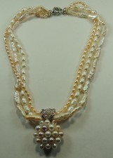 Statement 3 Strand Pearl Necklace with Flower Handcrafted Wedding Bridal