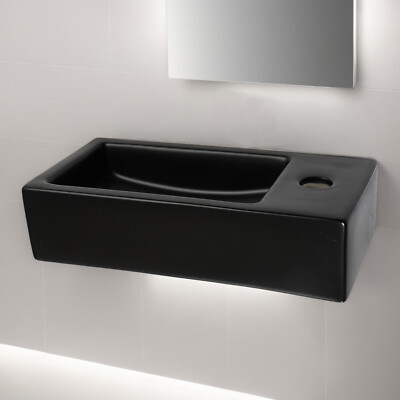 Wall Mount Bathroom Vessel Sink Black 15'' Rectangular Ceramic Basin (Right Hand)