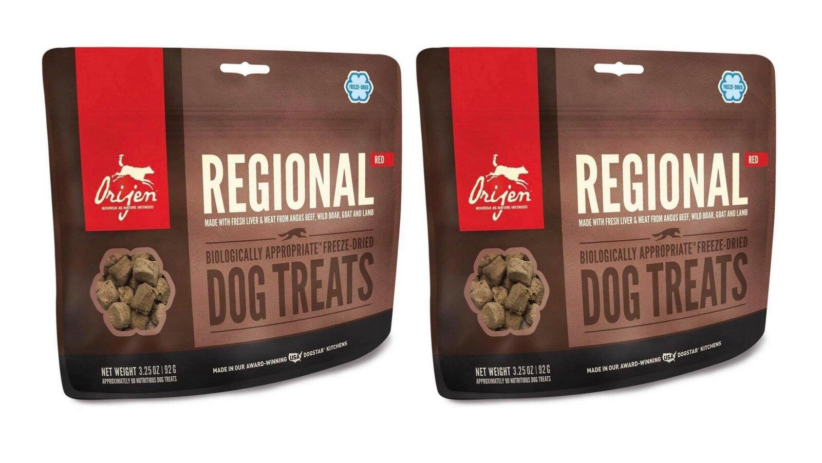 2 Pack ORIJEN Freeze Dried Regional Red Dog Treat 3.25 ounce ea.