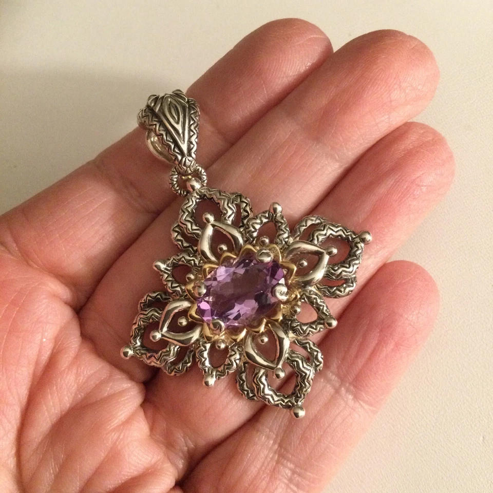 Barbara Bixby 925 Esterlina/Oro Amarillo 18K Amatista Colgante Potenciador, L 2” Foto 2 de 4