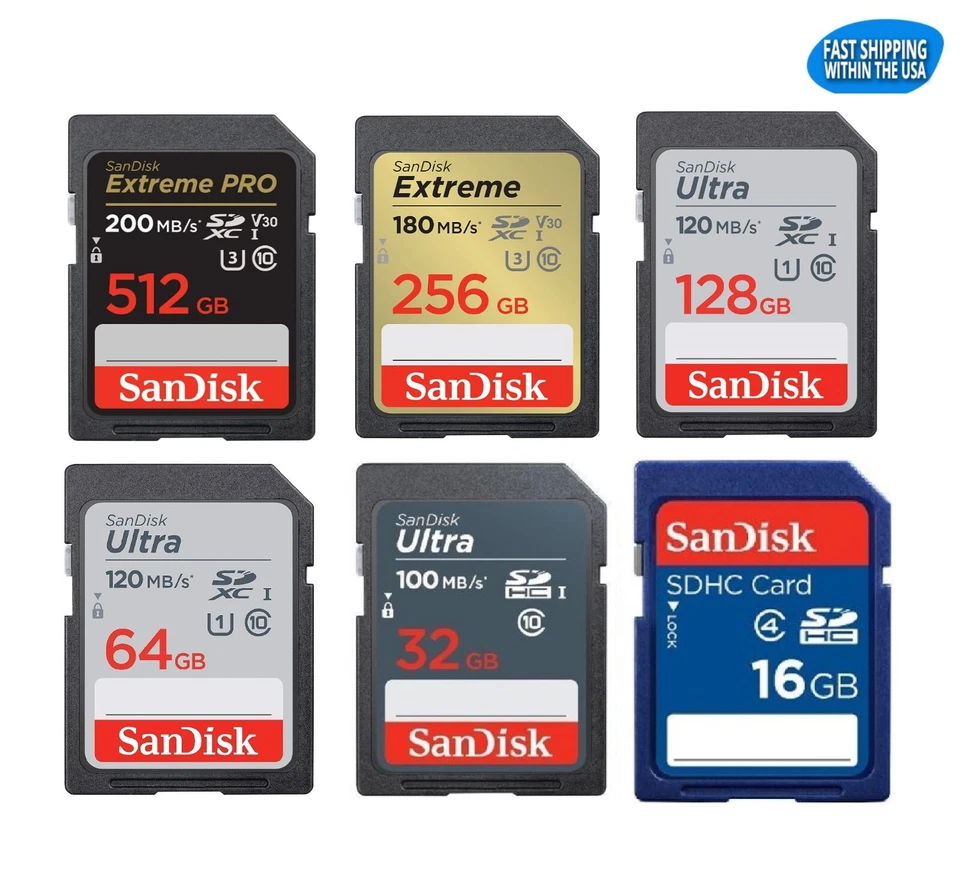 Sandisk SD Cards 16GB 32GB 64GB 128GB 256GB Extreme Pro Ultra Memory Cards lot - Image 1 of 4