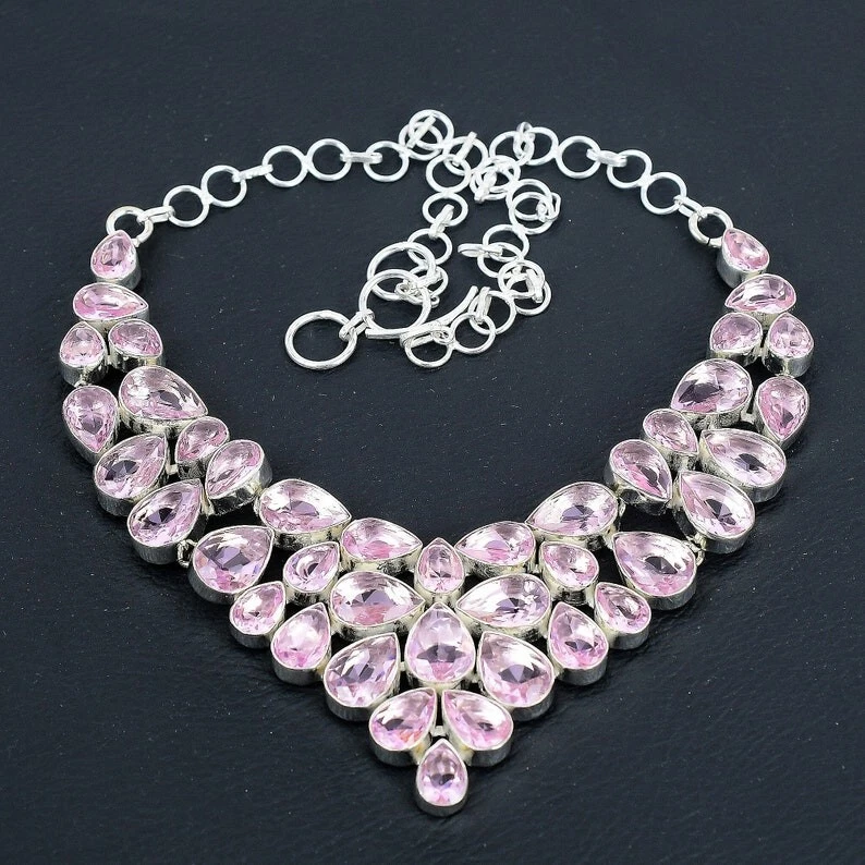 Collar de plata de ley 925 con piedras preciosas de kuncita rosa hecho a mano tamaño-18" Foto 4 de 4