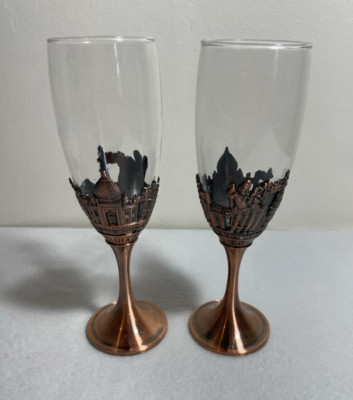 Set of 2 The Bombay Store Wine Glasses with Indian Monument in Copper Finish