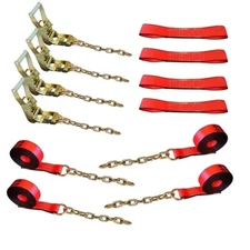 8 POINT TIE DOWN Kit 2" x 14' RED Straps Kit Chain Ends for Rollback Tow Truck