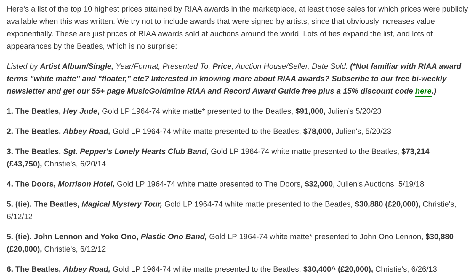 Beatles RIAA Gold Record Award Sgt. Pepper Authentic Memorabilia eBay