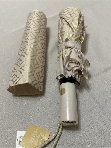 Michael Kors NWT Automatic Open Travel Umbrella Signature Logo Print Cream/Gold - Picture 7 of 8