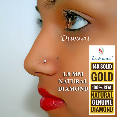 Diwani 1.8mm Natural Si Diamond Solitaire Nose Piercing Ring Stud Pin 14k Gold - Picture 5 of 12