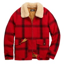 Rrl By Ralph Lauren Shearling-collar Plaid Wool Jacket Red / Black Multi