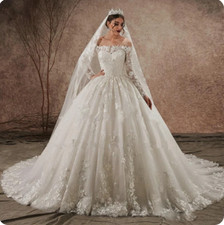 Shiny Wedding Dress Off Shoulder Long Sleeves Lace Applique Puffy Lace-up Bridal