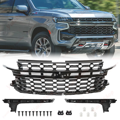 Z71 Style Front Upper Grille+Trim Gloss Black For Chevy Tahoe/Suburban 2021-2024