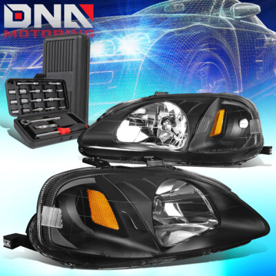 FOR 1999-2000 HONDA CIVIC EK TYPE-R LOOK BLACK AMBER SIDE HEADLIGHT LAMP+TOOLS